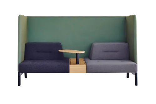Two blue seats with a tall green back panel Two blue seats with a tall green back panel