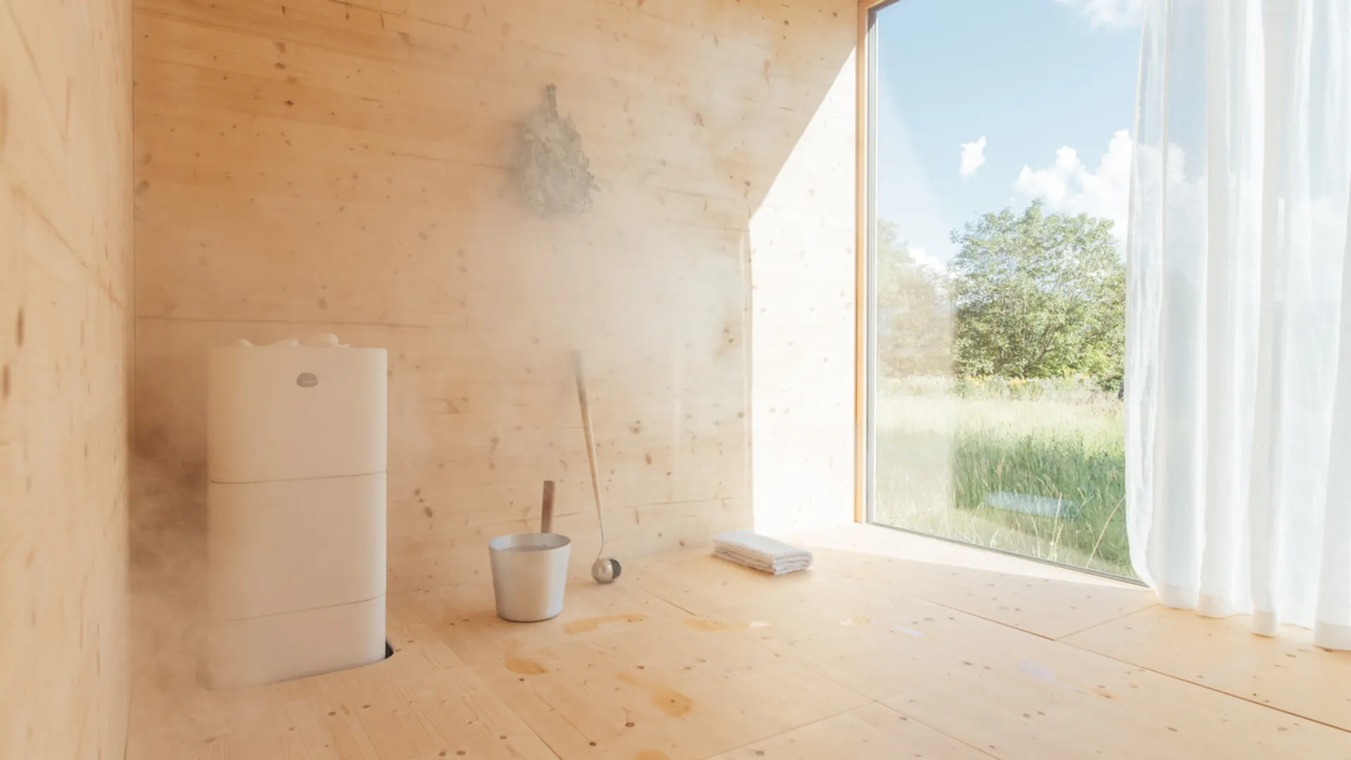Heller Raum mit Holzwänden, Waschbecken und großem Fenster Heller Raum mit Holzwänden, Waschbecken und großem Fenster