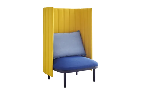 Blue chair with a tall yellow back panel Blue chair with a tall yellow back panel